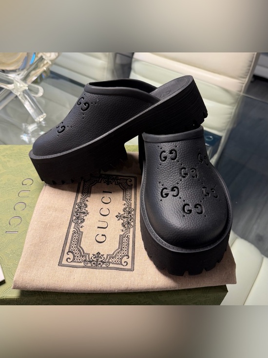 Gucci Shoes - Gucci Black Perforated GG Platform Clog Mules